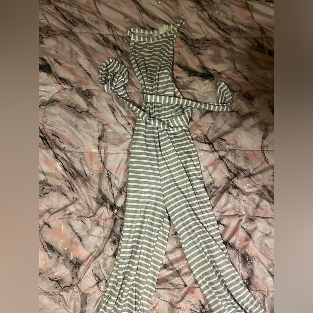 White & Grey striped pant suit